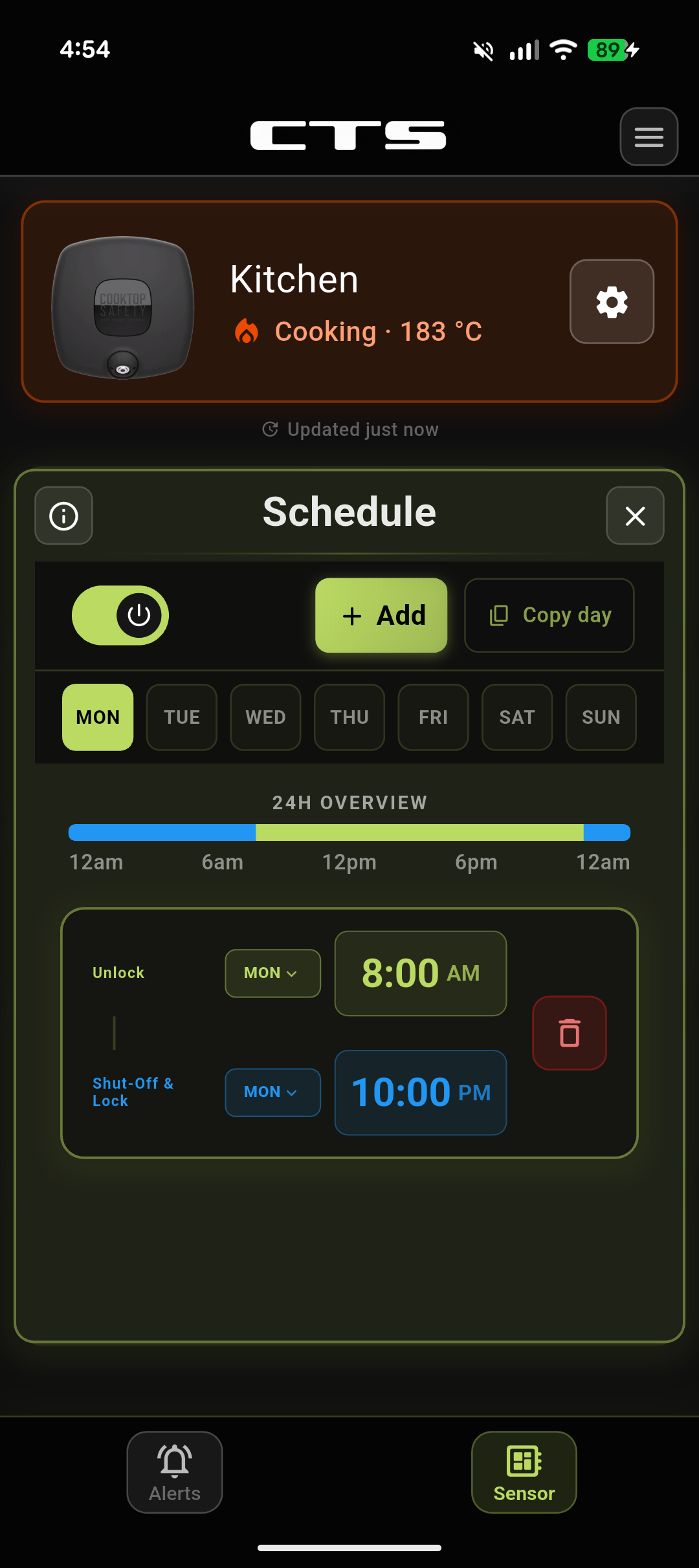 CTS Mobile App schedule editor showing Monday unlocked at 8:00 AM and disabled and locked at 10:00 PM with a 24 hour overview bar