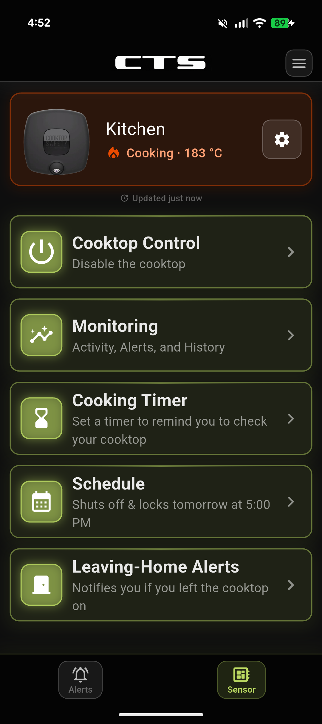 CTS Mobile App sensor screen showing the kitchen sensor cooking at 183 degrees with stove control, monitoring, cooking timer, schedule, and leaving-home alert options