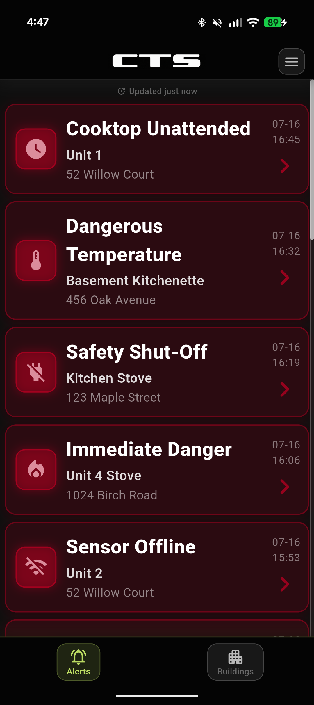 CTS Multi Sensor Dashboard alert feed across multiple buildings and sensors, showing alerts at different addresses