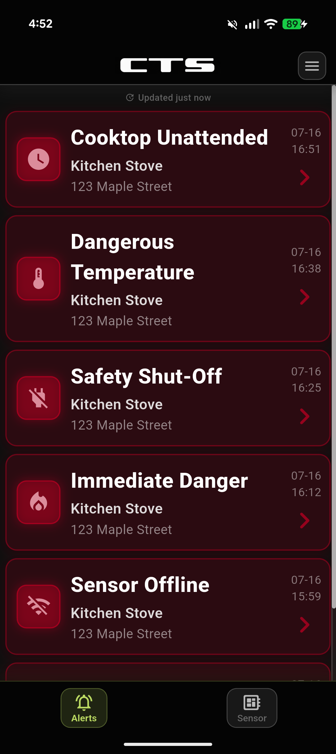 CTS Mobile App alert history for one sensor showing stove unattended, dangerous temperature, safety shut-off, immediate danger, and sensor offline alerts