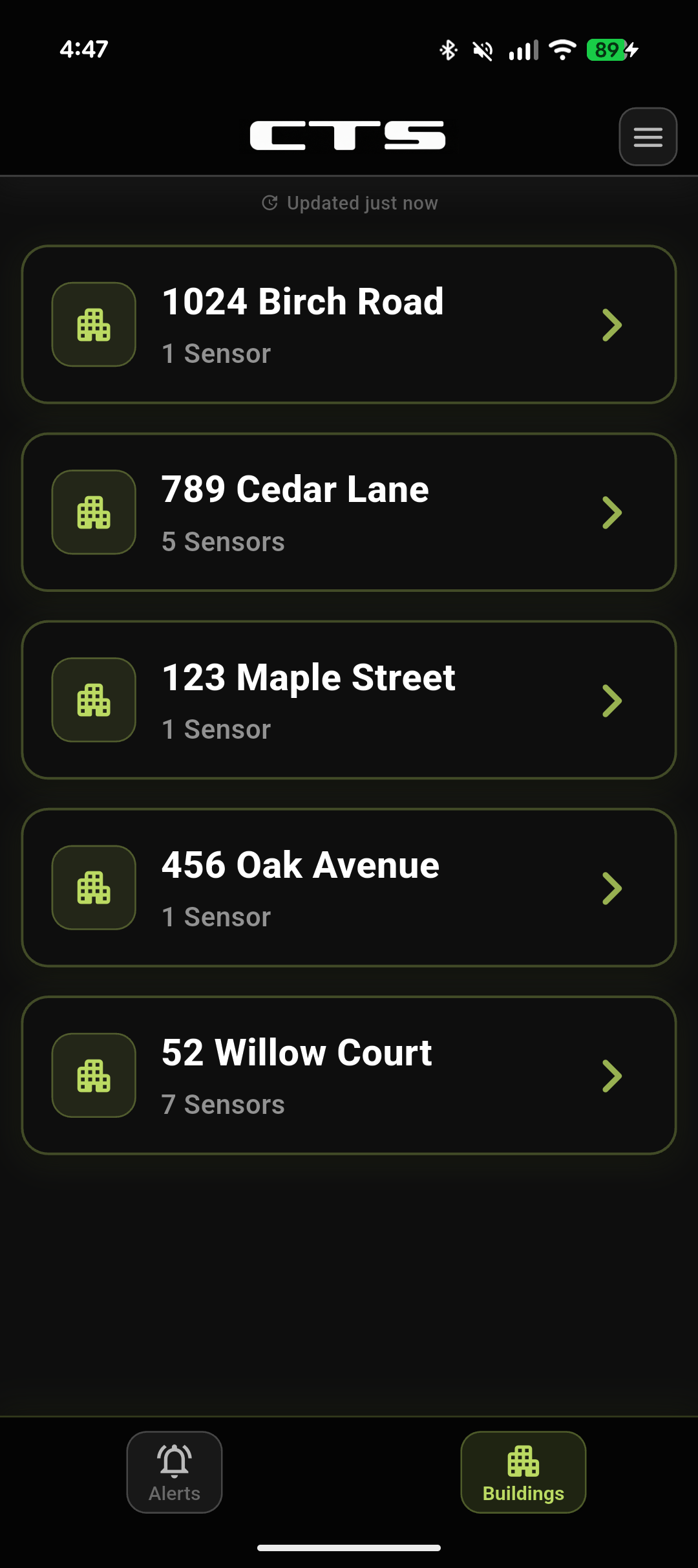 CTS Multi Sensor Dashboard buildings list showing five properties with their sensor counts