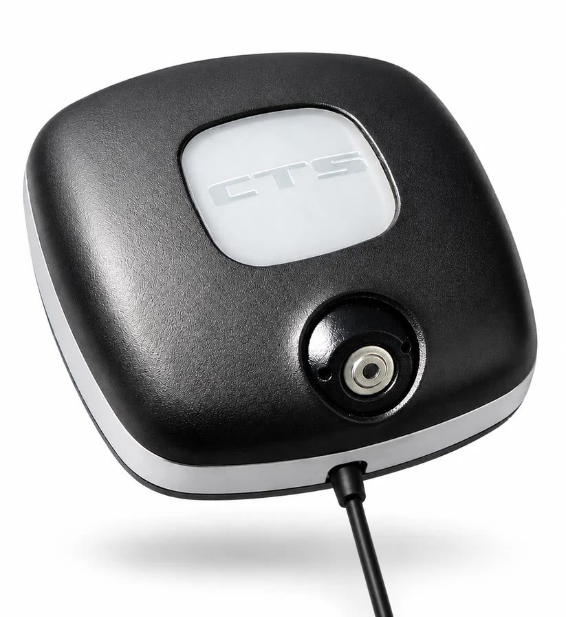 The CTS Smart Kitchen Sensor with its power cord, parts labelled: 1 button, 2 temperature sensor, 3 status light, 4 power cord, 5 speaker on the back