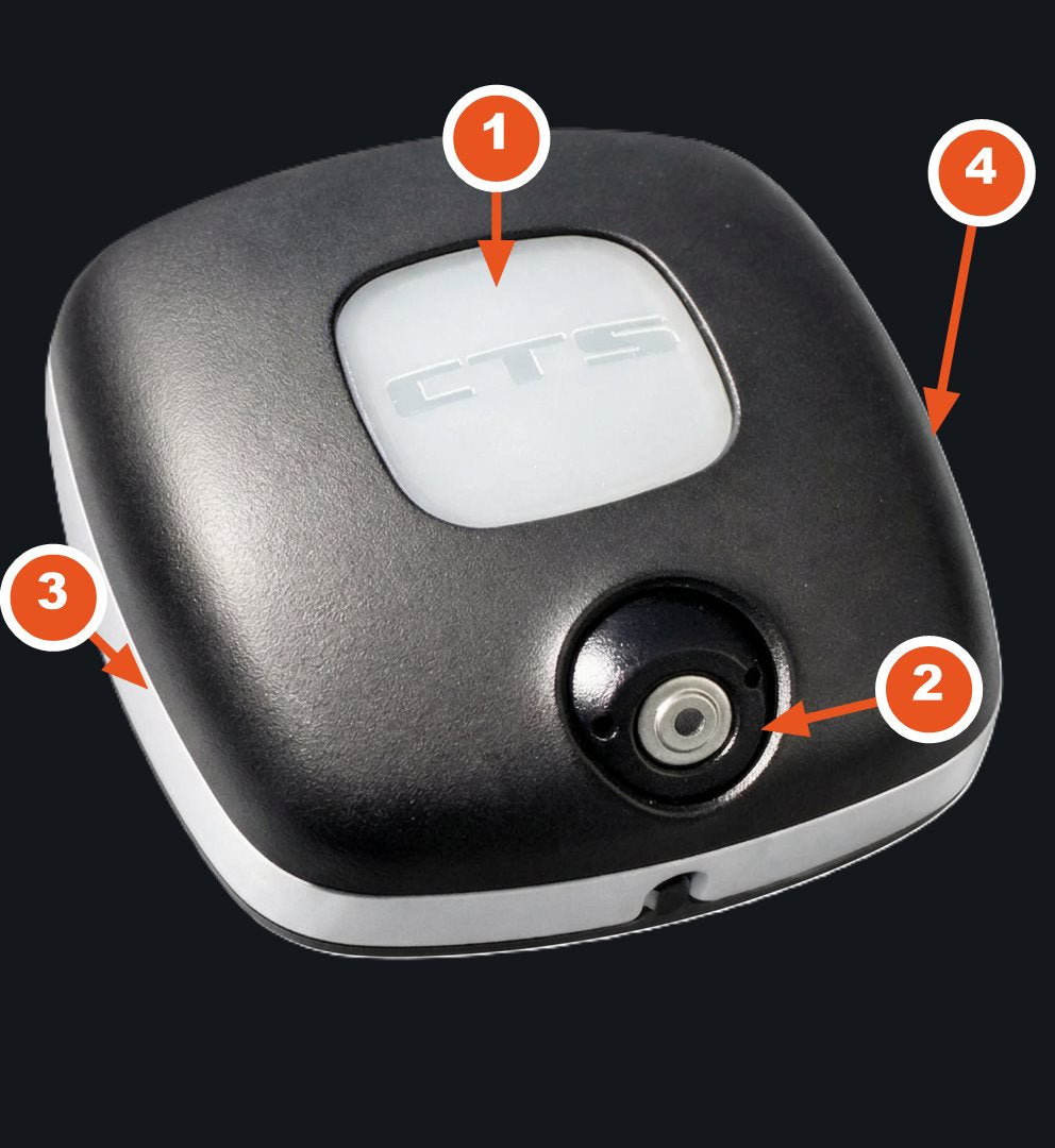The CTS Smart Kitchen Sensor with its parts numbered: 1 button, 2 temperature sensor, 3 status lights, 4 speaker