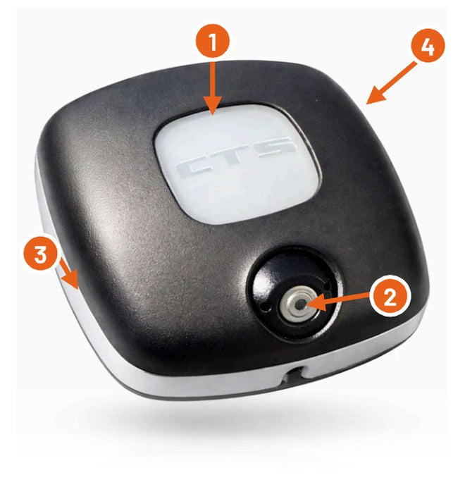 The CTS Smart Kitchen Sensor with its parts labeled: button, temperature sensor, status lights, and speaker